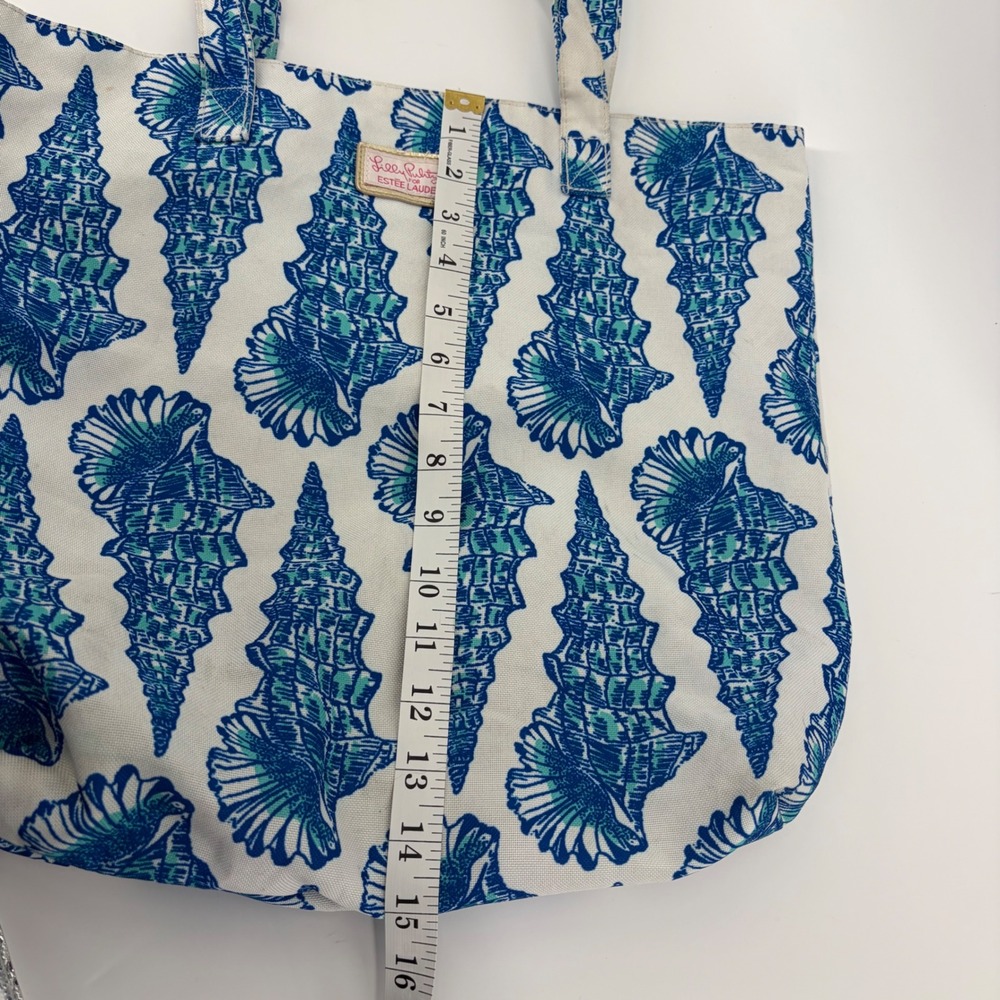 Lilly Pulitzer Estee Lauder Tote Bag Blue Teal White Shells Womens Large Canvas - Picture 6 of 6